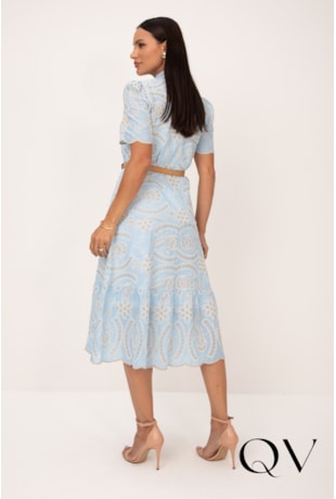 VESTIDO BORDADO DE CORDAS EM LAISE AZUL - LEKAZIS