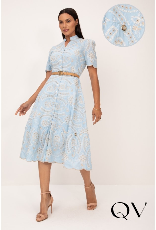 VESTIDO BORDADO DE CORDAS EM LAISE AZUL - LEKAZIS