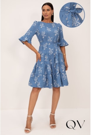 VESTIDO BORDADO EM LAISE JEANS AZUL FLORAL - LEKAZIS