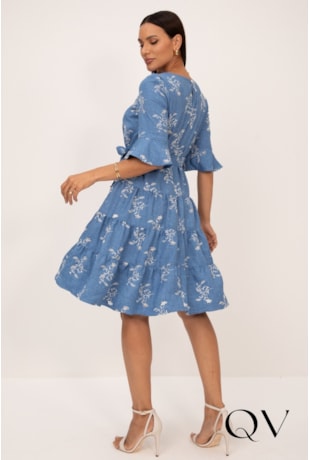 VESTIDO BORDADO EM LAISE JEANS AZUL FLORAL - LEKAZIS