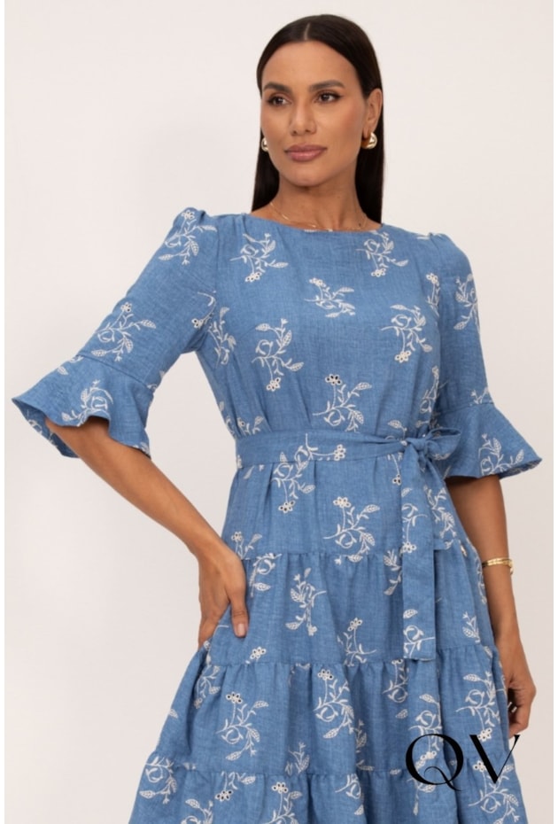 VESTIDO BORDADO EM LAISE JEANS AZUL FLORAL - LEKAZIS