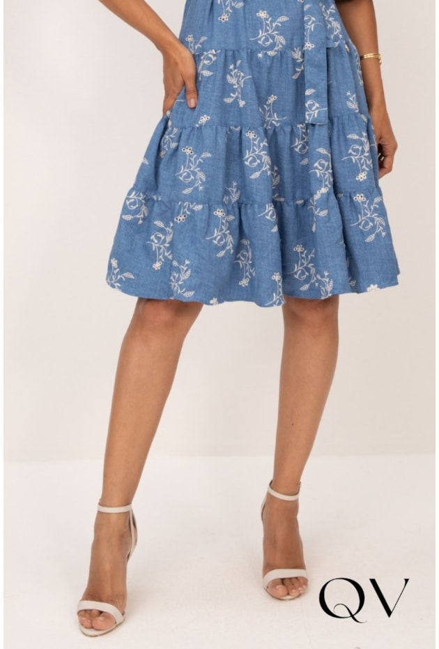 VESTIDO BORDADO EM LAISE JEANS AZUL FLORAL - LEKAZIS