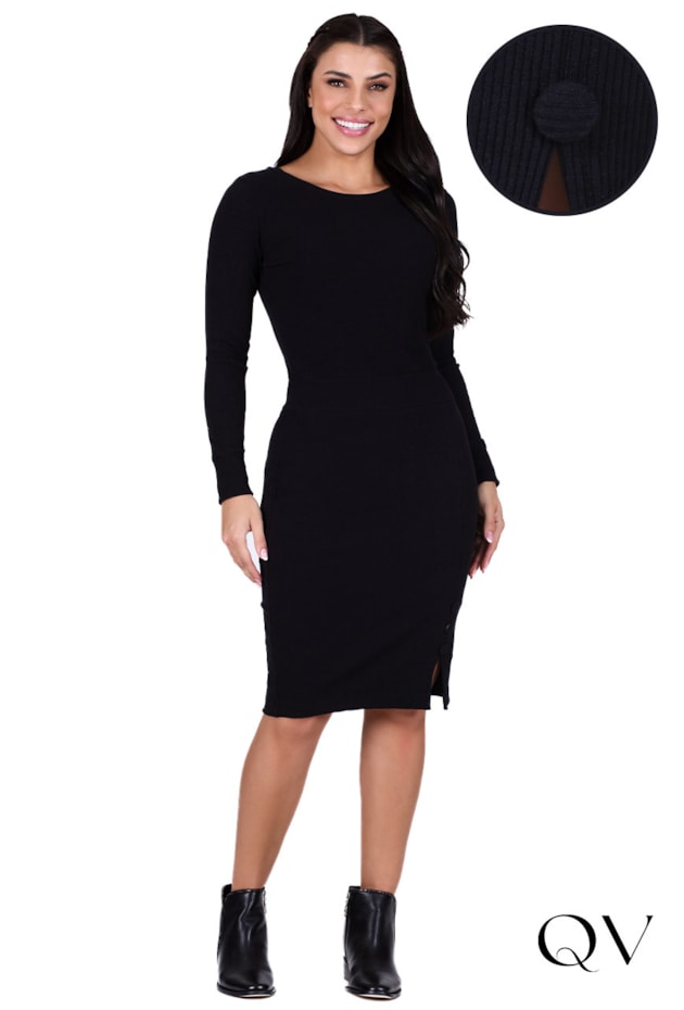 VESTIDO CANELADO COM BOTÕES PRETO - HAPUK