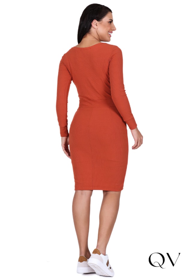 VESTIDO CANELADO COM BOTÕES TELHA - HAPUK