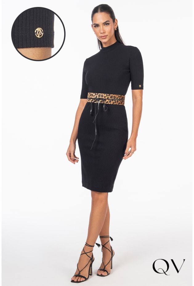 VESTIDO CANELADO COM CINTO PRETO - VIA TOLENTINO