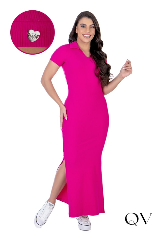 VESTIDO CANELADO COM GOLA PINK - HAPUK