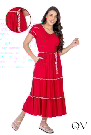 VESTIDO CANELADO COM MARIAS VERMELHO - HAPUK