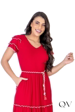 VESTIDO CANELADO COM MARIAS VERMELHO - HAPUK