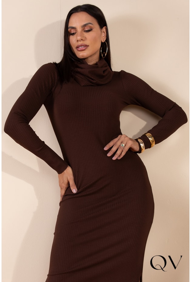 VESTIDO CANELADO MANGA LONGA MARROM - LEKAZIS VESTIDO CANELADO MANGA LONGA MARROM - LEKAZIS