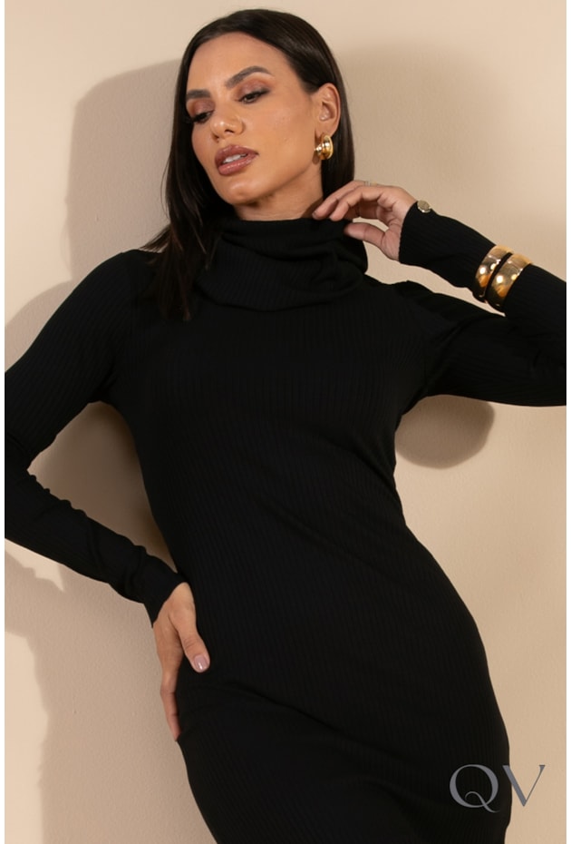 VESTIDO CANELADO MANGA LONGA PRETO - LEKAZIS VESTIDO CANELADO MANGA LONGA PRETO - LEKAZIS
