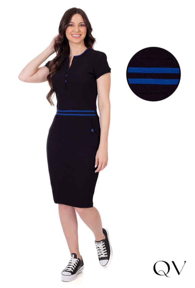 VESTIDO CANELADO VIÉS COLORIDO PRETO - HAPUK