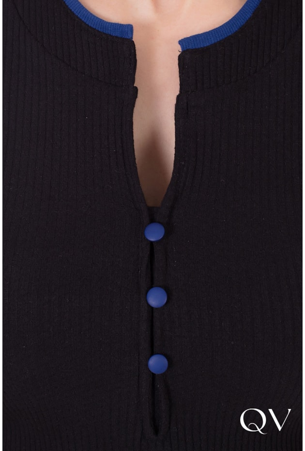 VESTIDO CANELADO VIÉS COLORIDO PRETO - HAPUK