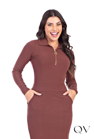 VESTIDO CANELADO ZÍPER FUNCIONAL MARROM - HAPUK