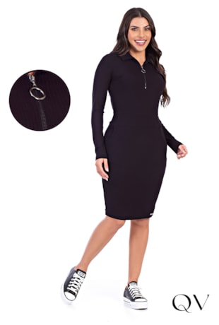 VESTIDO CANELADO ZÍPER FUNCIONAL PRETO - HAPUK