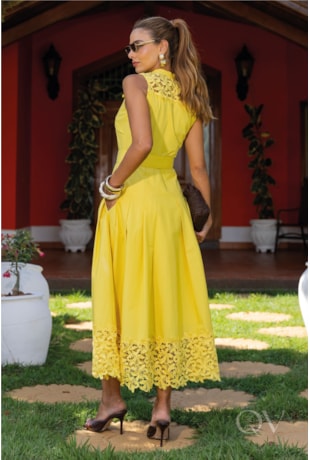 VESTIDO CHEMISE BARRADO DE RENDA EM TRICOLINE AMARELO - LUZIA FAZZOLLI