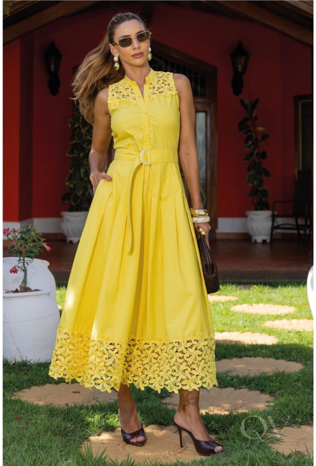 VESTIDO CHEMISE BARRADO DE RENDA EM TRICOLINE AMARELO - LUZIA FAZZOLLI