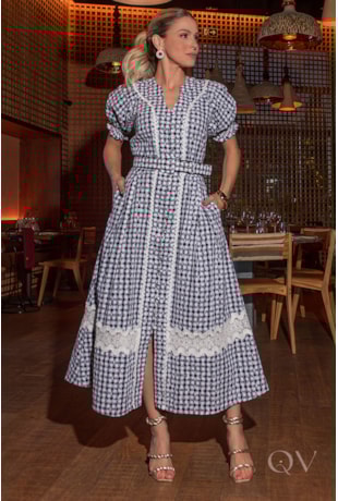 VESTIDO CHEMISE BORDADO COM CINTO EM ALGODÃO XADREZ - LUZIA FAZZOLLI