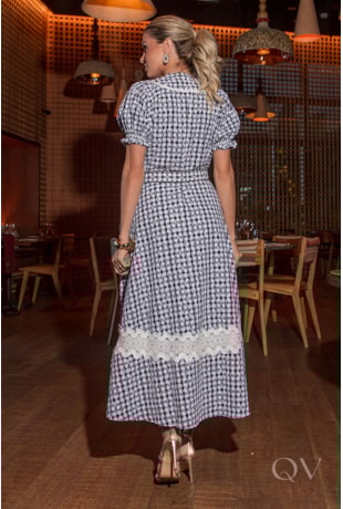 VESTIDO CHEMISE BORDADO COM CINTO EM ALGODÃO XADREZ - LUZIA FAZZOLLI