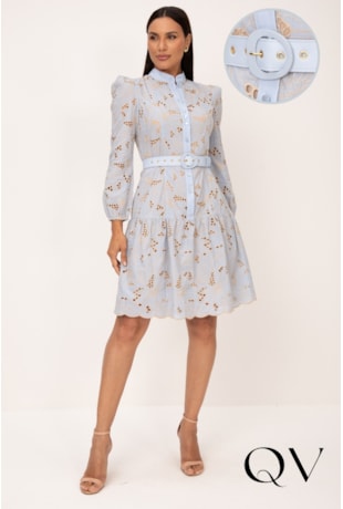 VESTIDO CHEMISE BORDADO CRU EM LAISE AZUL - LEKAZIS