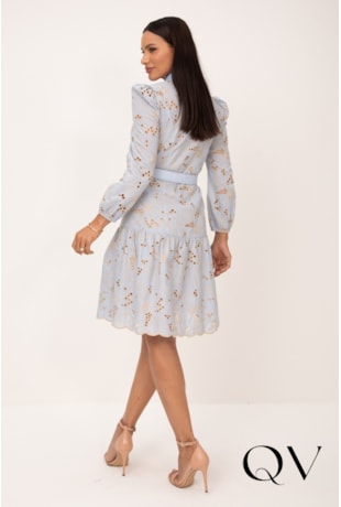 VESTIDO CHEMISE BORDADO CRU EM LAISE AZUL - LEKAZIS