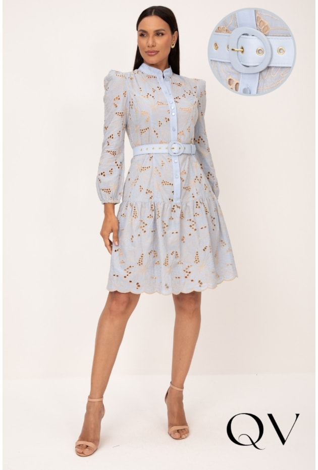 VESTIDO CHEMISE BORDADO CRU EM LAISE AZUL - LEKAZIS