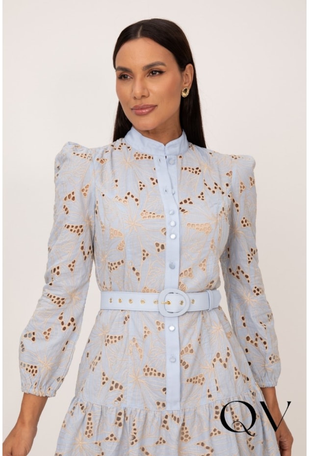 VESTIDO CHEMISE BORDADO CRU EM LAISE AZUL - LEKAZIS