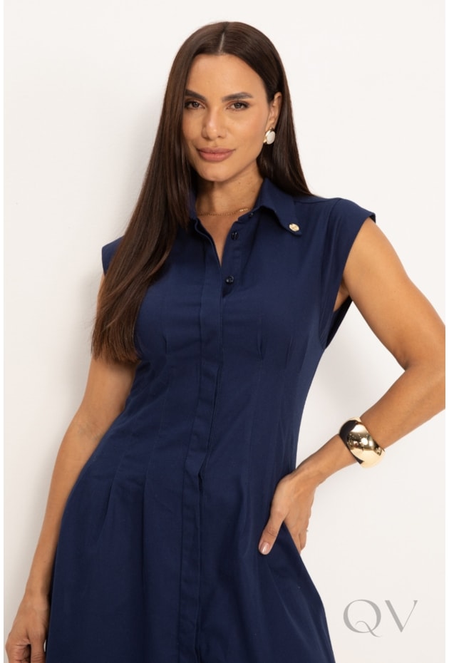 VESTIDO CHEMISE CLÁSSICO EM SARJA COM PREGAS AZUL MARINHO - LEKAZIS