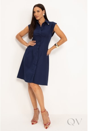 VESTIDO CHEMISE CLÁSSICO EM SARJA COM PREGAS AZUL MARINHO - LEKAZIS