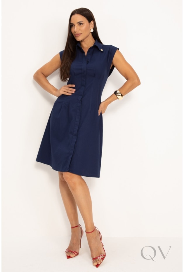 VESTIDO CHEMISE CLÁSSICO EM SARJA COM PREGAS AZUL MARINHO - LEKAZIS