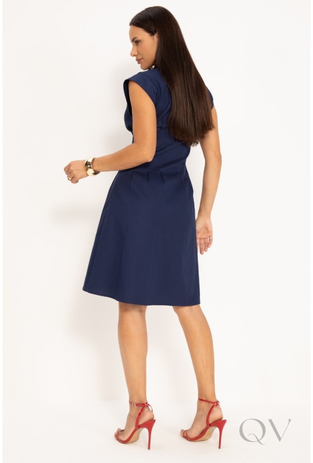 VESTIDO CHEMISE CLÁSSICO EM SARJA COM PREGAS AZUL MARINHO - LEKAZIS
