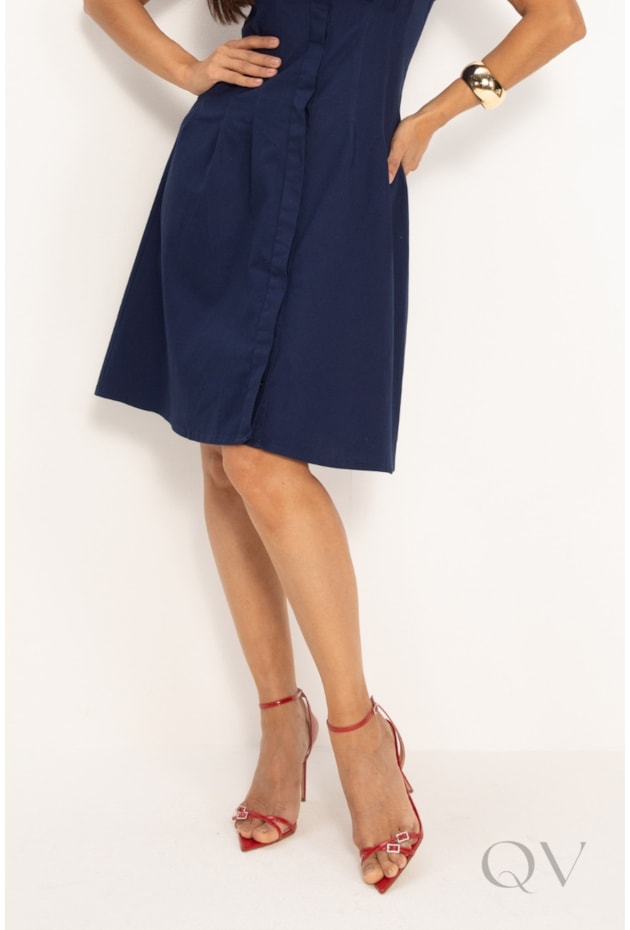 VESTIDO CHEMISE CLÁSSICO EM SARJA COM PREGAS AZUL MARINHO - LEKAZIS