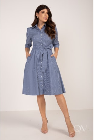 VESTIDO CHEMISE CLÁSSICO EM TRICOLINE LISTRADO AZUL - LEKAZIS