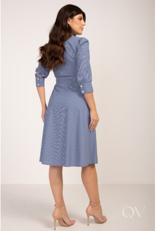 VESTIDO CHEMISE CLÁSSICO EM TRICOLINE LISTRADO AZUL - LEKAZIS