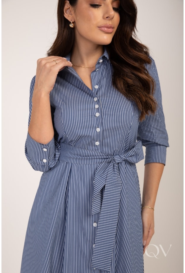 VESTIDO CHEMISE CLÁSSICO EM TRICOLINE LISTRADO AZUL - LEKAZIS