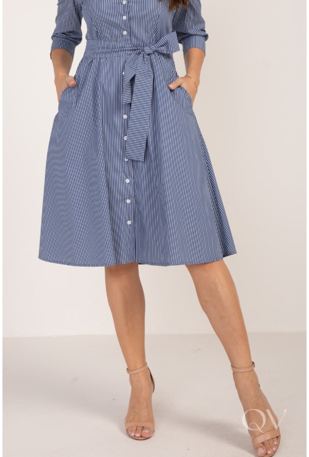 VESTIDO CHEMISE CLÁSSICO EM TRICOLINE LISTRADO AZUL - LEKAZIS