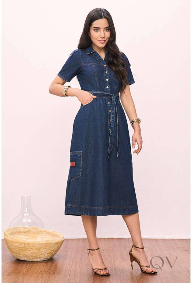 VESTIDO CHEMISE COM BOLSOS EM JEANS ESCURO - TITANIUM JEANS