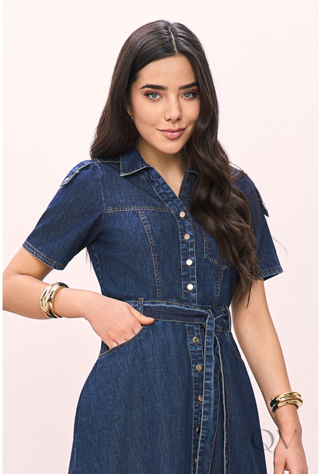VESTIDO CHEMISE COM BOLSOS EM JEANS ESCURO - TITANIUM JEANS