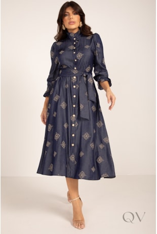 VESTIDO CHEMISE COM BORDADO EM VISCOSE DENIM AZUL - LEKAZIS