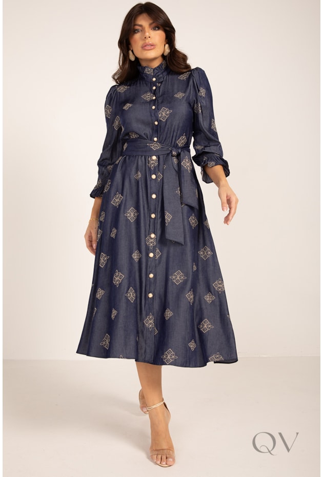 VESTIDO CHEMISE COM BORDADO EM VISCOSE DENIM AZUL - LEKAZIS
