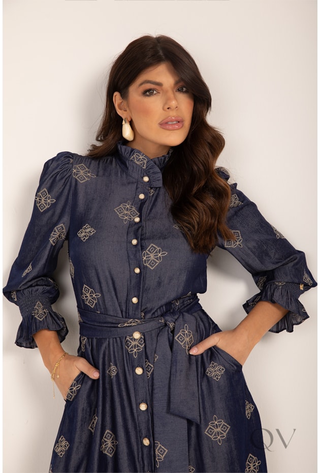 VESTIDO CHEMISE COM BORDADO EM VISCOSE DENIM AZUL - LEKAZIS