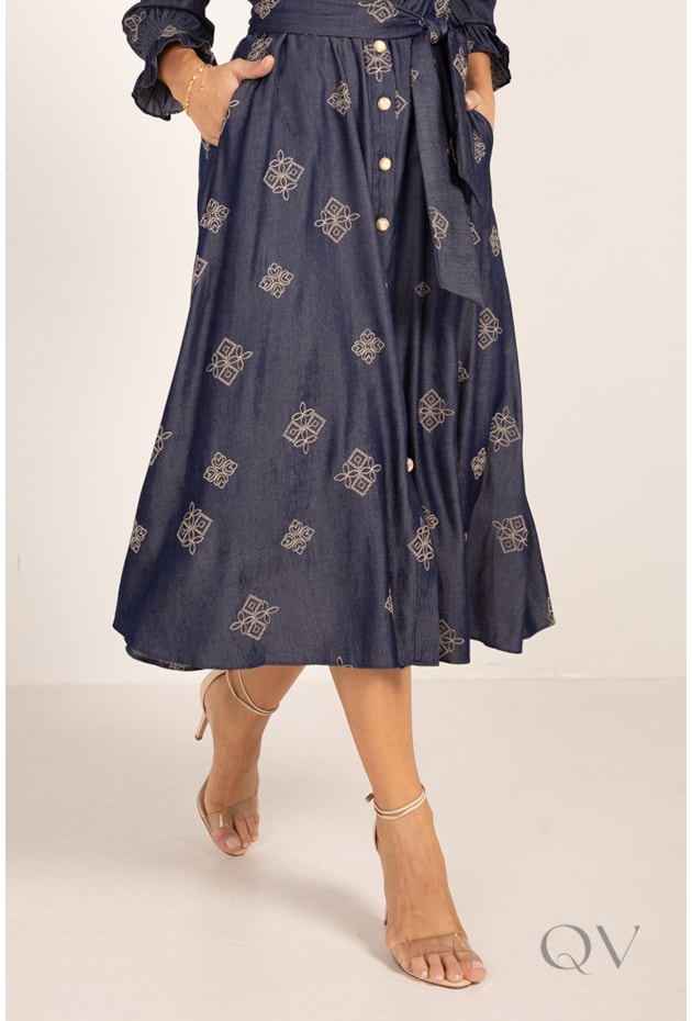 VESTIDO CHEMISE COM BORDADO EM VISCOSE DENIM AZUL - LEKAZIS