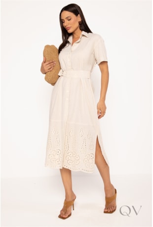 VESTIDO CHEMISE COM DETALHE BORDADO EM LINHO CRÚ - LEKAZIS