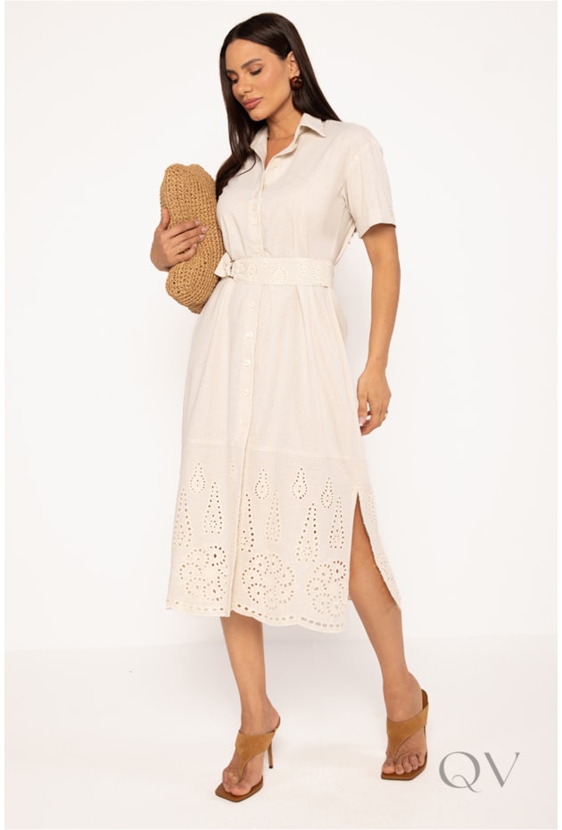 VESTIDO CHEMISE COM DETALHE BORDADO EM LINHO CRÚ - LEKAZIS