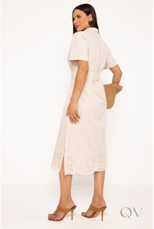 VESTIDO CHEMISE COM DETALHE BORDADO EM LINHO CRÚ - LEKAZIS