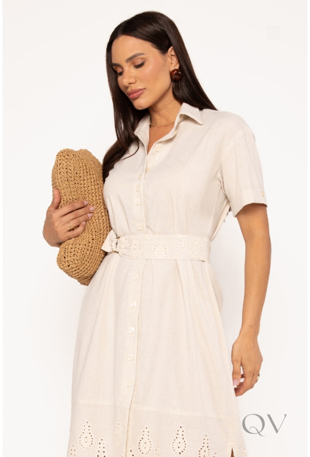 VESTIDO CHEMISE COM DETALHE BORDADO EM LINHO CRÚ - LEKAZIS