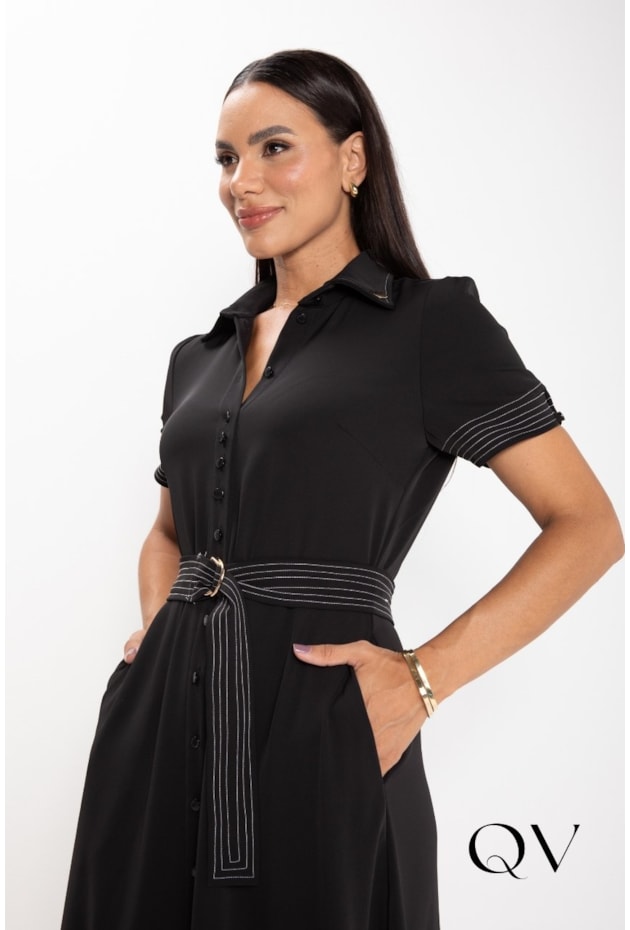 VESTIDO CHEMISE CREPE DE ALFAIATARIA PRETO - LEKAZIS