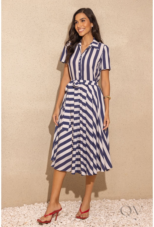 VESTIDO CHEMISE CURTO EM TOQUE DE SEDA LISTRADO - JANY PIM