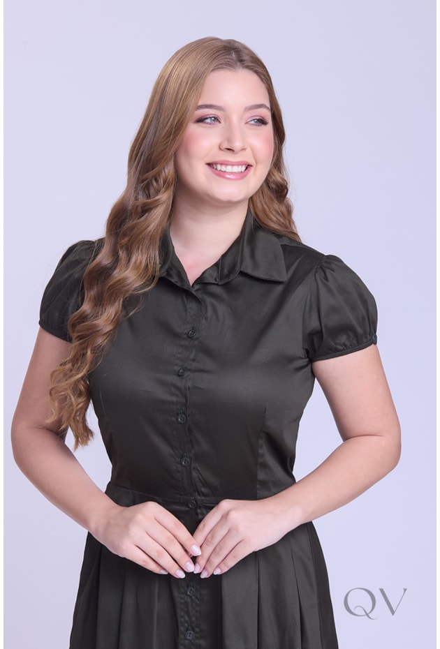 VESTIDO CHEMISE CURTO EM TRICOLINE VERDE MILITAR - HAPUK