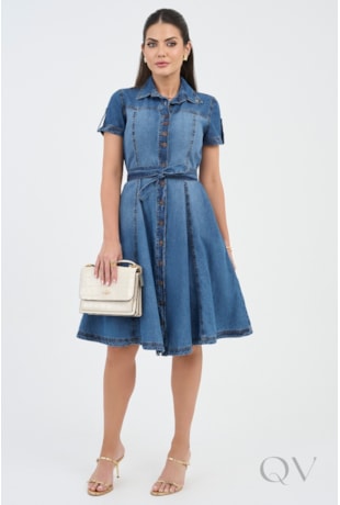 VESTIDO CHEMISE CURTO EVASÊ EM JEANS ESCURO - VIA TOLENTINO