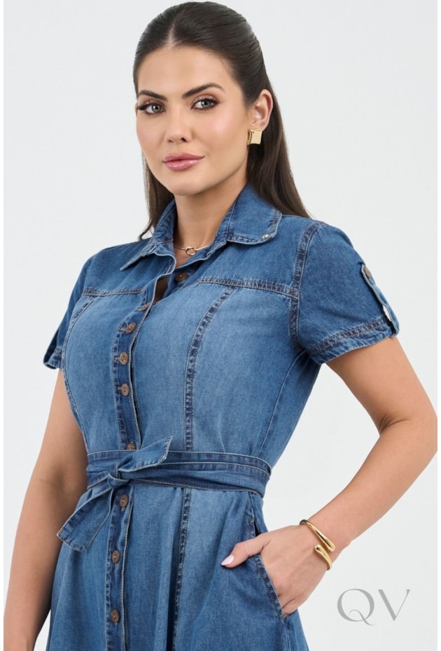 VESTIDO CHEMISE CURTO EVASÊ EM JEANS ESCURO - VIA TOLENTINO